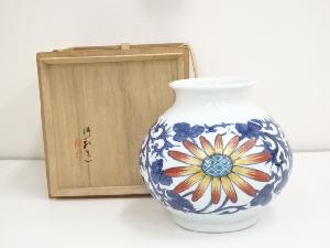 京焼　三浦竹軒造　青華色絵菊花紋花瓶（共箱）